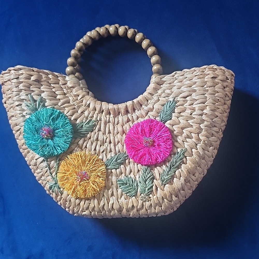 Capelli of New York Straw Tote with Colorful Floral Design